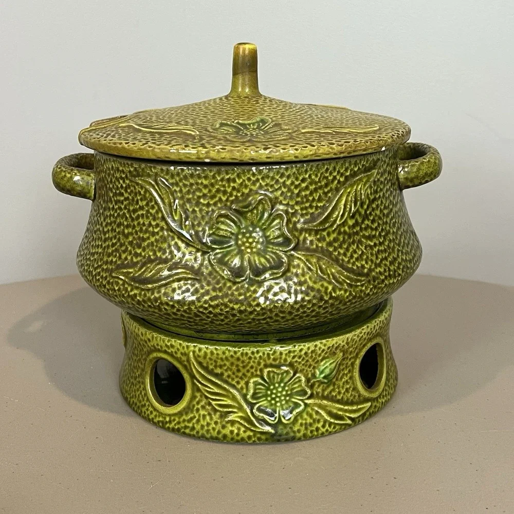 Royal Sealy Japan Green Ceramic Chafing Dish Fondue Tureen w Lid Pot & Base Vtg